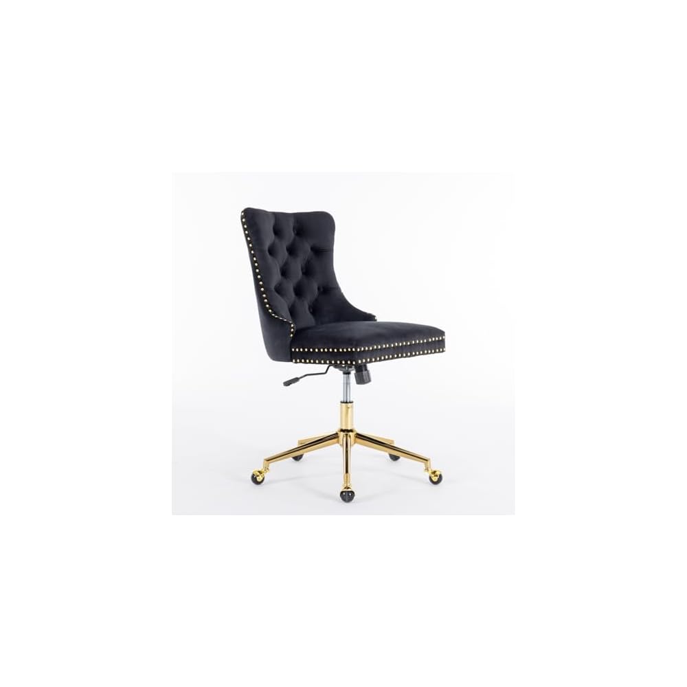 Velvet Upholstered Tufted Button Home Office Chair with Golden Metal Base,Adjustable Desk Chair Swivel Office Chair (Black) AY894