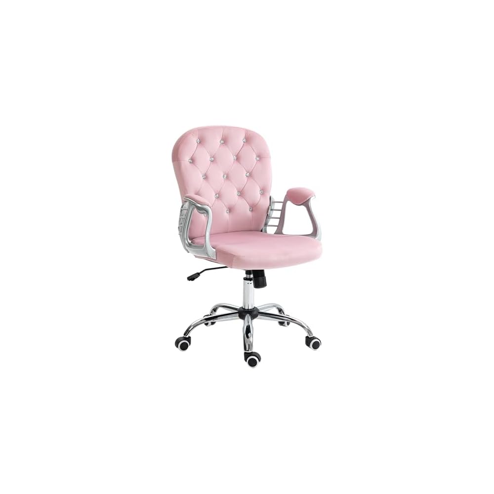 Home Office Chair, Button Tufted Desk Chair with Padded Armrests, AdjusHeight and Swivel Wheels, Pink