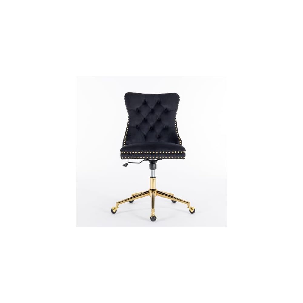 Velvet Upholstered Tufted Button Home Office Chair with Golden Metal Base,Adjustable Desk Chair Swivel Office Chair (Black) AY894