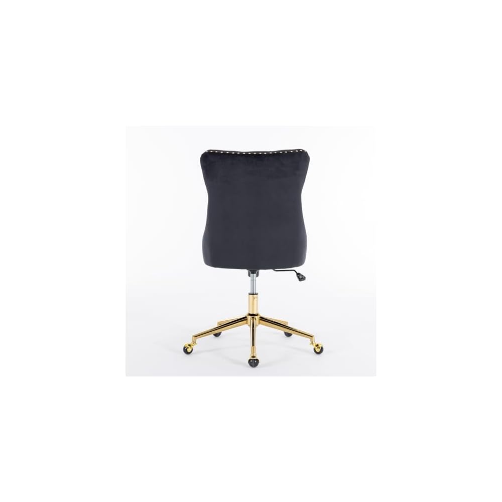 Velvet Upholstered Tufted Button Home Office Chair with Golden Metal Base,Adjustable Desk Chair Swivel Office Chair (Black) AY894