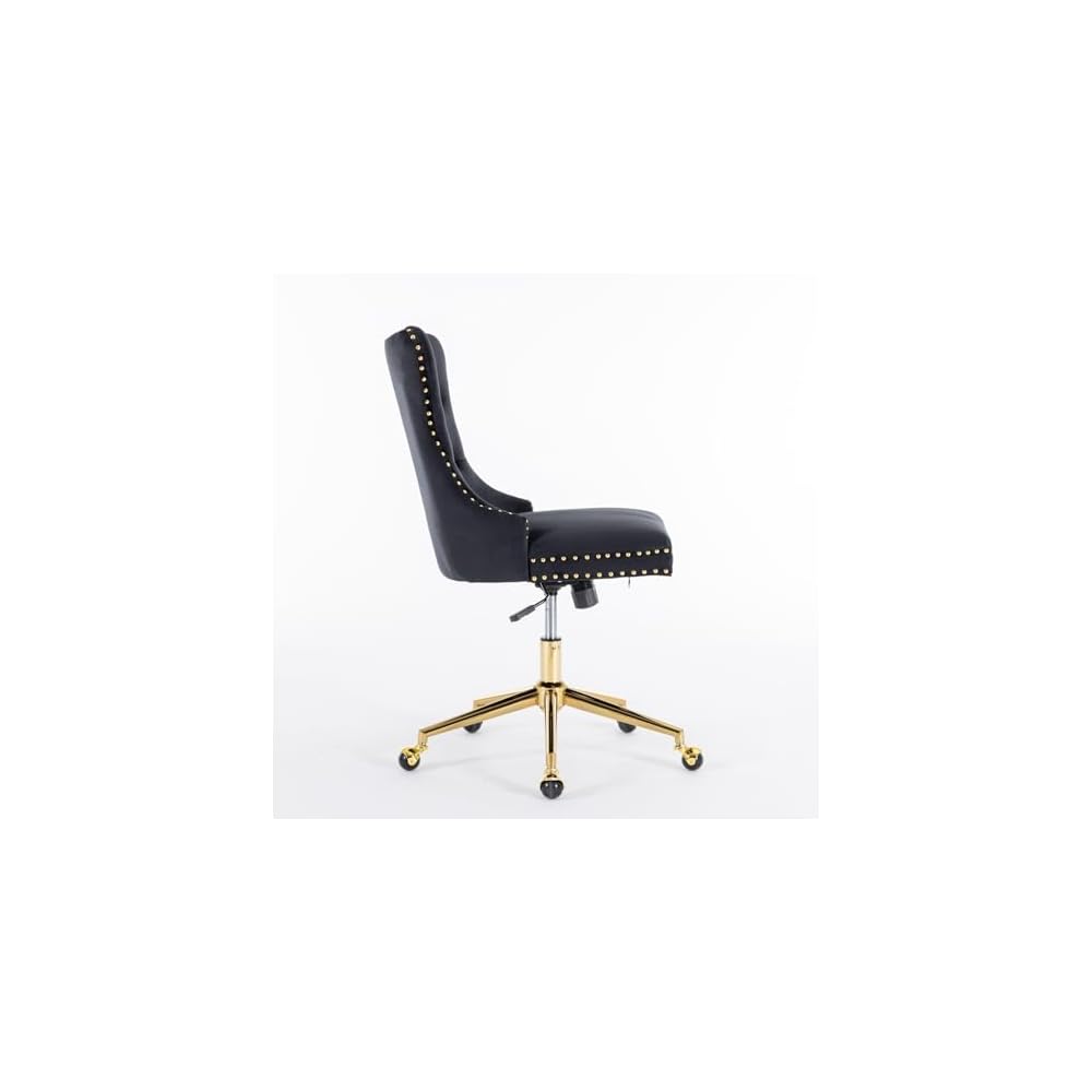 Velvet Upholstered Tufted Button Home Office Chair with Golden Metal Base,Adjustable Desk Chair Swivel Office Chair (Black) AY894