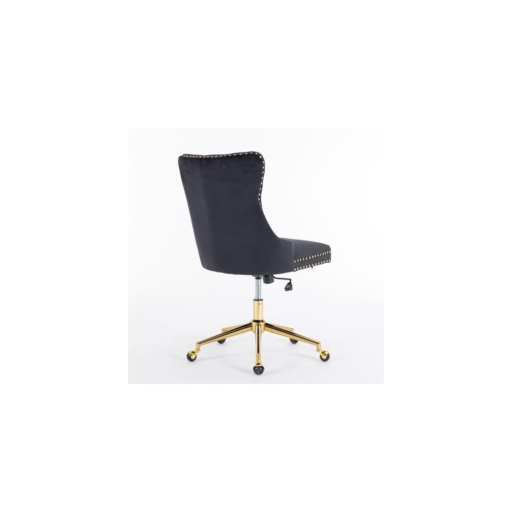 Velvet Upholstered Tufted Button Home Office Chair with Golden Metal Base,Adjustable Desk Chair Swivel Office Chair (Black) AY894
