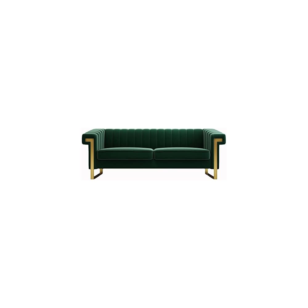 Mid-Century Modern Green Velvet Sofa with Gold Metal Legs, 83.86" Luxury Chesterfield Comfy Couches for Living Room (Velvet, Green)