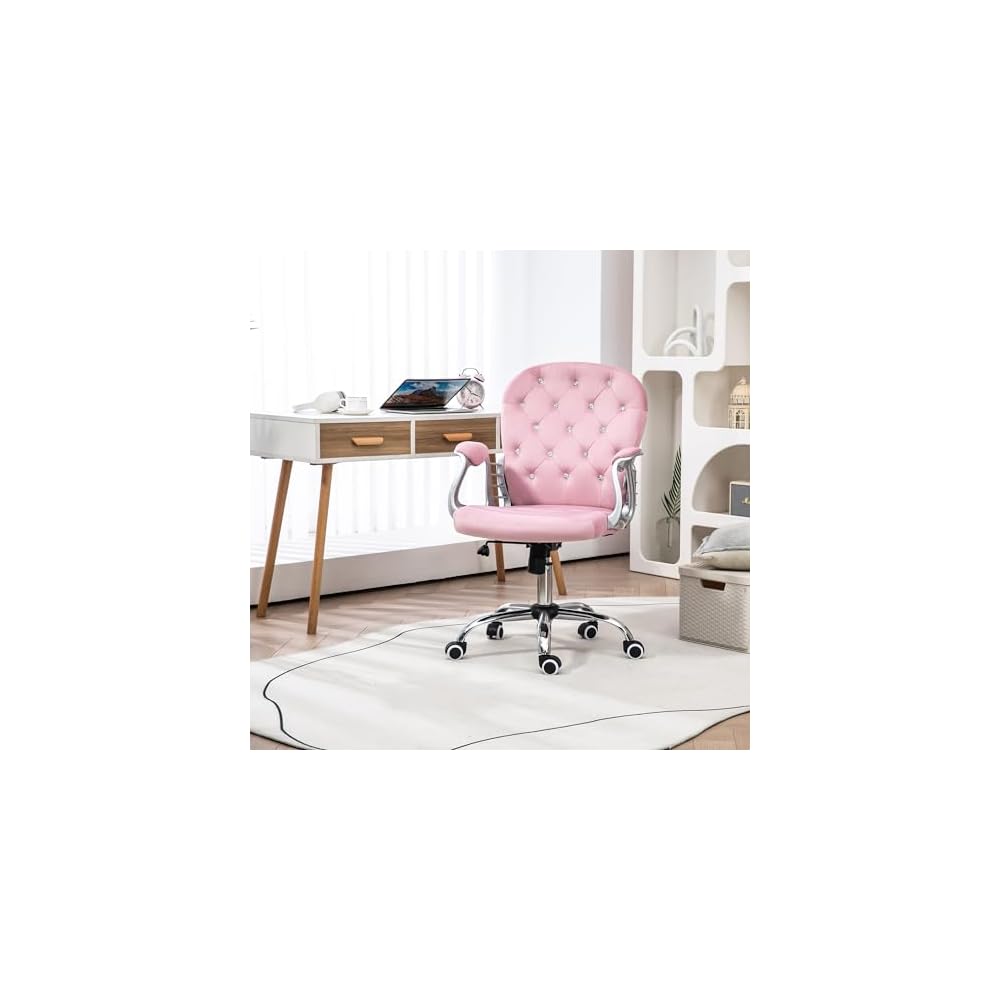 Home Office Chair, Button Tufted Desk Chair with Padded Armrests, AdjusHeight and Swivel Wheels, Pink