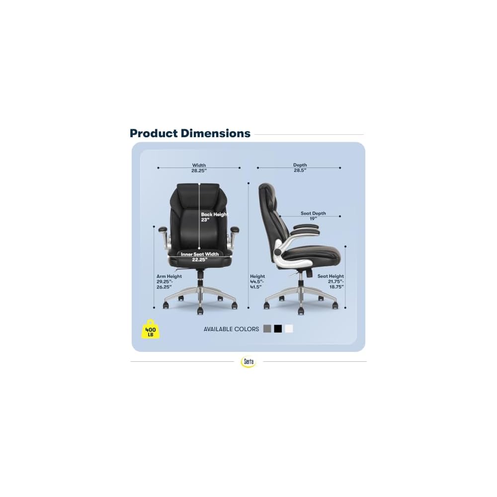 Serta Quinten 400 lb Commercial Grade Executive Chair with AIR Lumbar Technology, Big & Tall Comfortable Vegan Leather OfficeChair, Comfy Adjustable Desk Chairs with Lumbar Support, Black