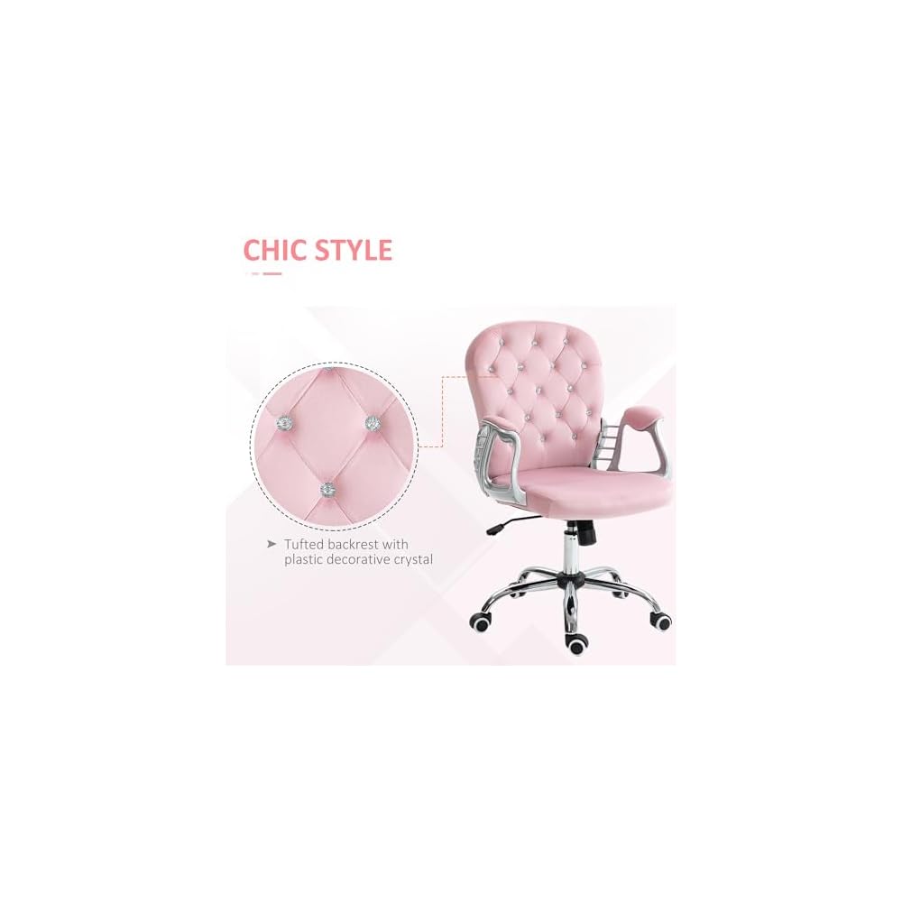 Home Office Chair, Button Tufted Desk Chair with Padded Armrests, AdjusHeight and Swivel Wheels, Pink