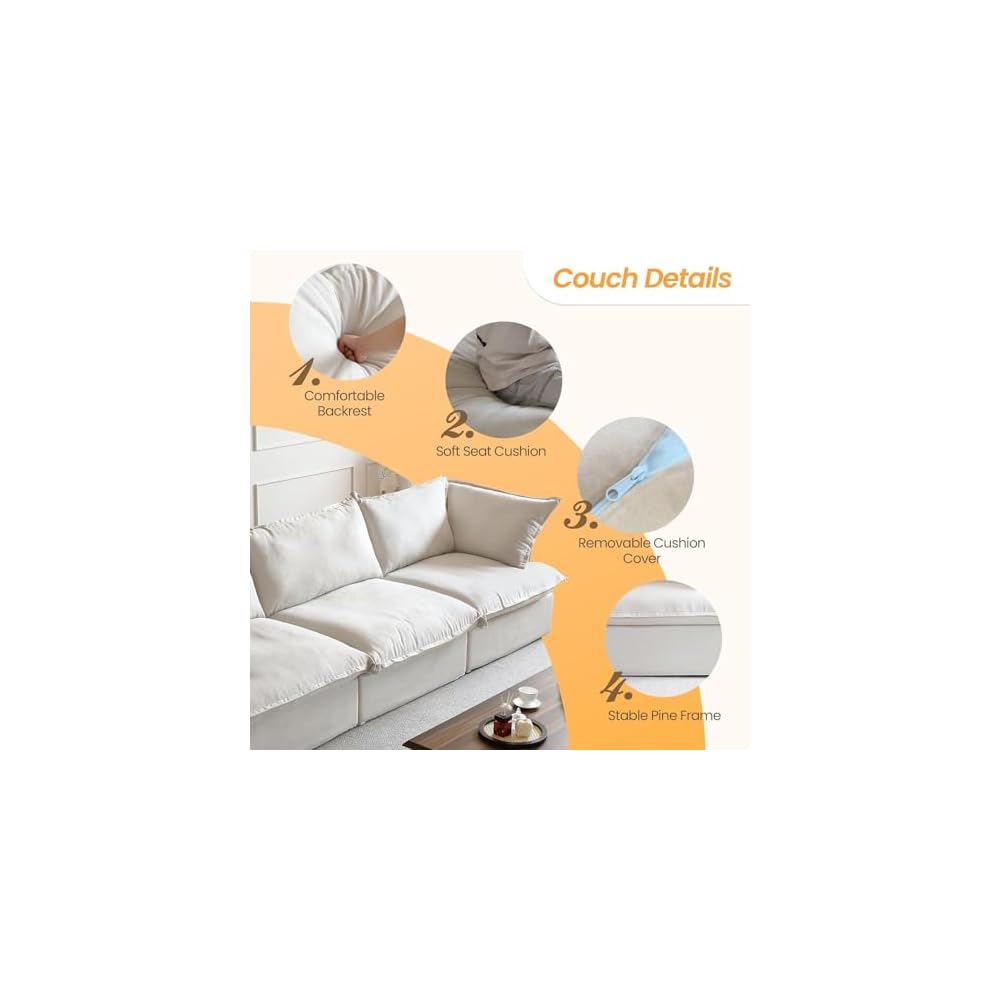 JACH 122.82" Cloud Couch Sectional for Living Room, Modular 3 Seats Sofas, Convertible Sectional Couches, Cushion Covers Removable, Two Corners and One Middle Sofa for Living Room (Beige)