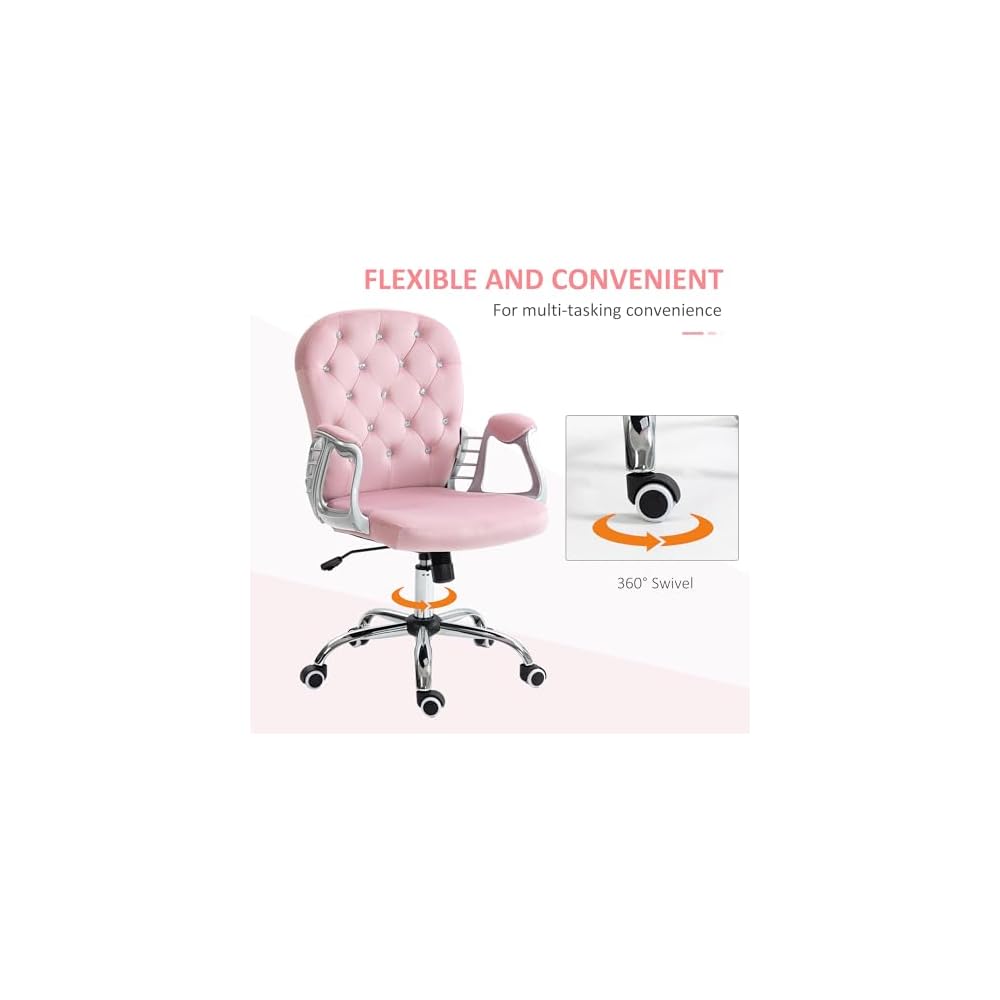 Home Office Chair, Button Tufted Desk Chair with Padded Armrests, AdjusHeight and Swivel Wheels, Pink