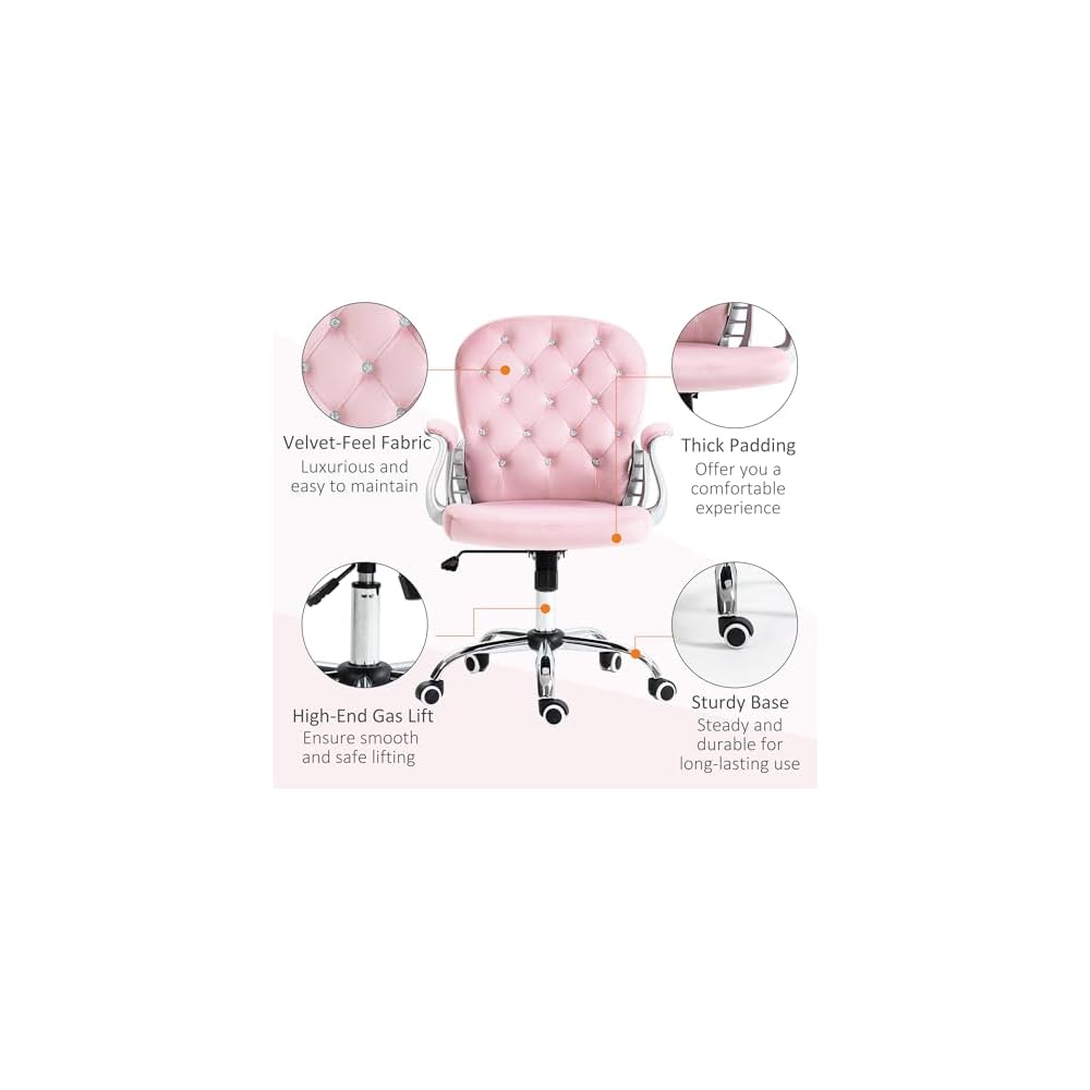Home Office Chair, Button Tufted Desk Chair with Padded Armrests, AdjusHeight and Swivel Wheels, Pink