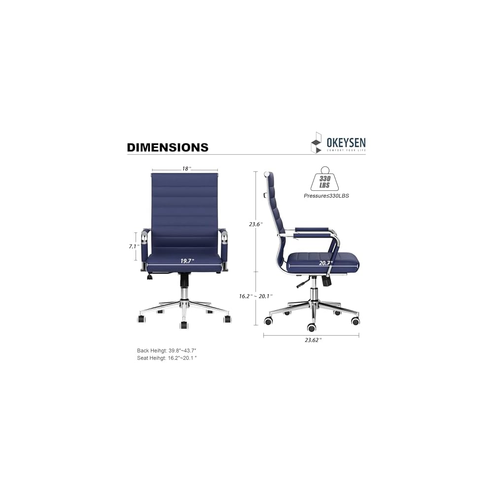 Okeysen Office Desk Chair, Ergonomic Leather Modern Conference Room Chairs, Executive Ribbed Height Adjustable Swivel Rolling Chair for Home Office Set of 12. (Blue)