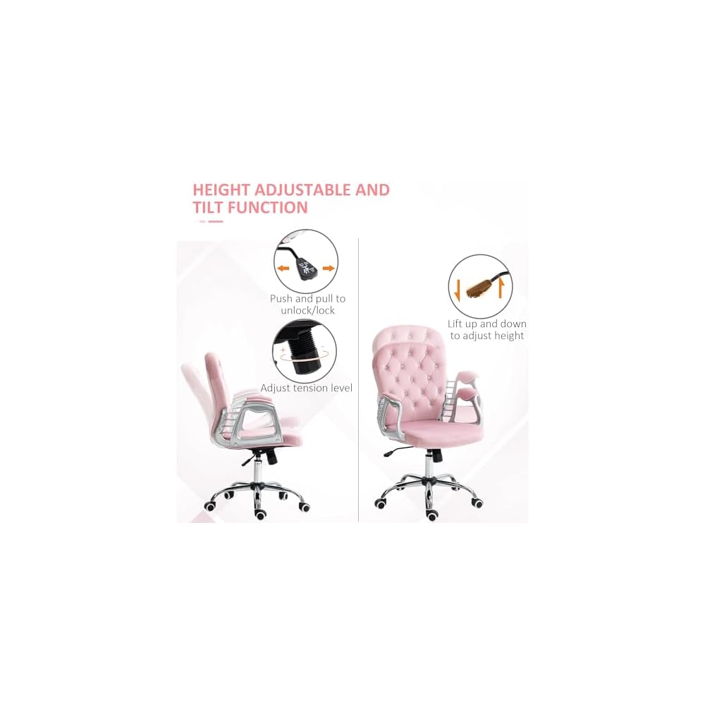 Home Office Chair, Button Tufted Desk Chair with Padded Armrests, AdjusHeight and Swivel Wheels, Pink