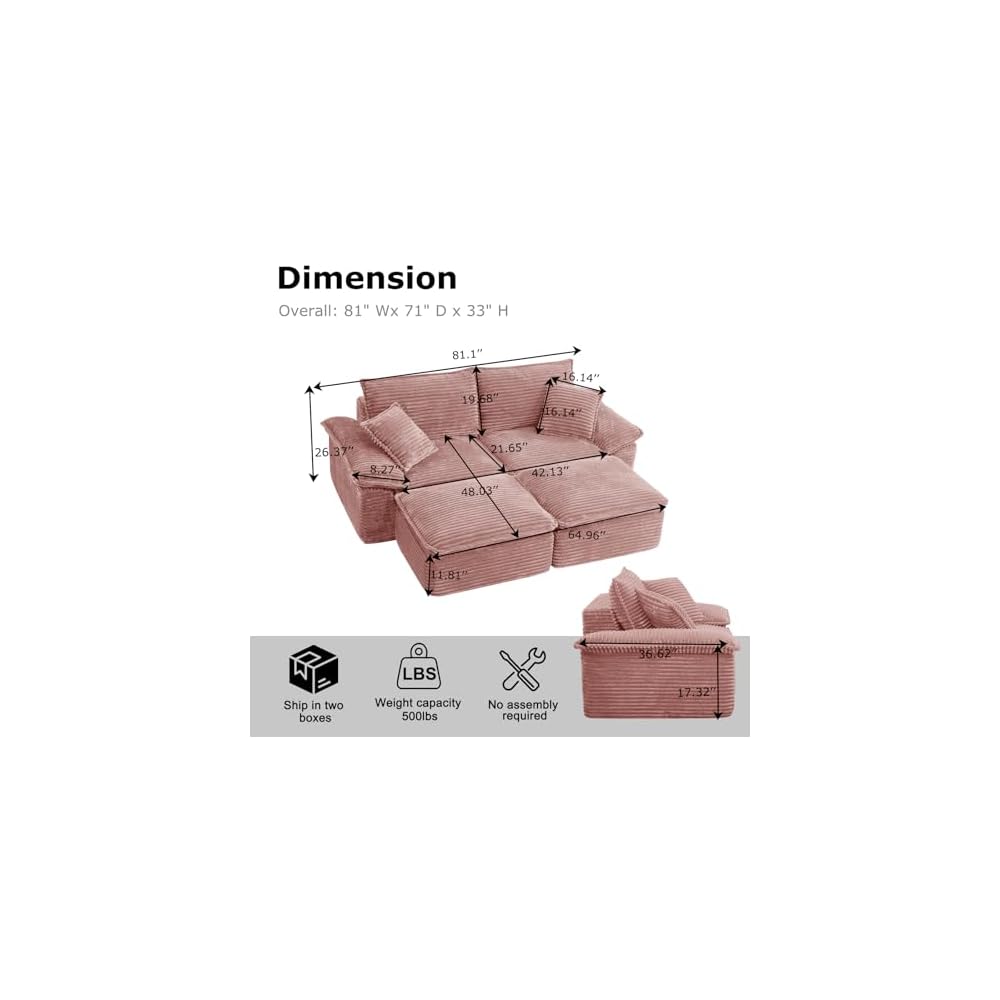 81" Boneless Loveseat with Removable Ottoman,Oversized Upholstered Sofa Bed with Pillows,Plush Faux Fur Lounge Reading Chairs with Armrests,Cloud Couches for Living Room,No Assembly (Pink)