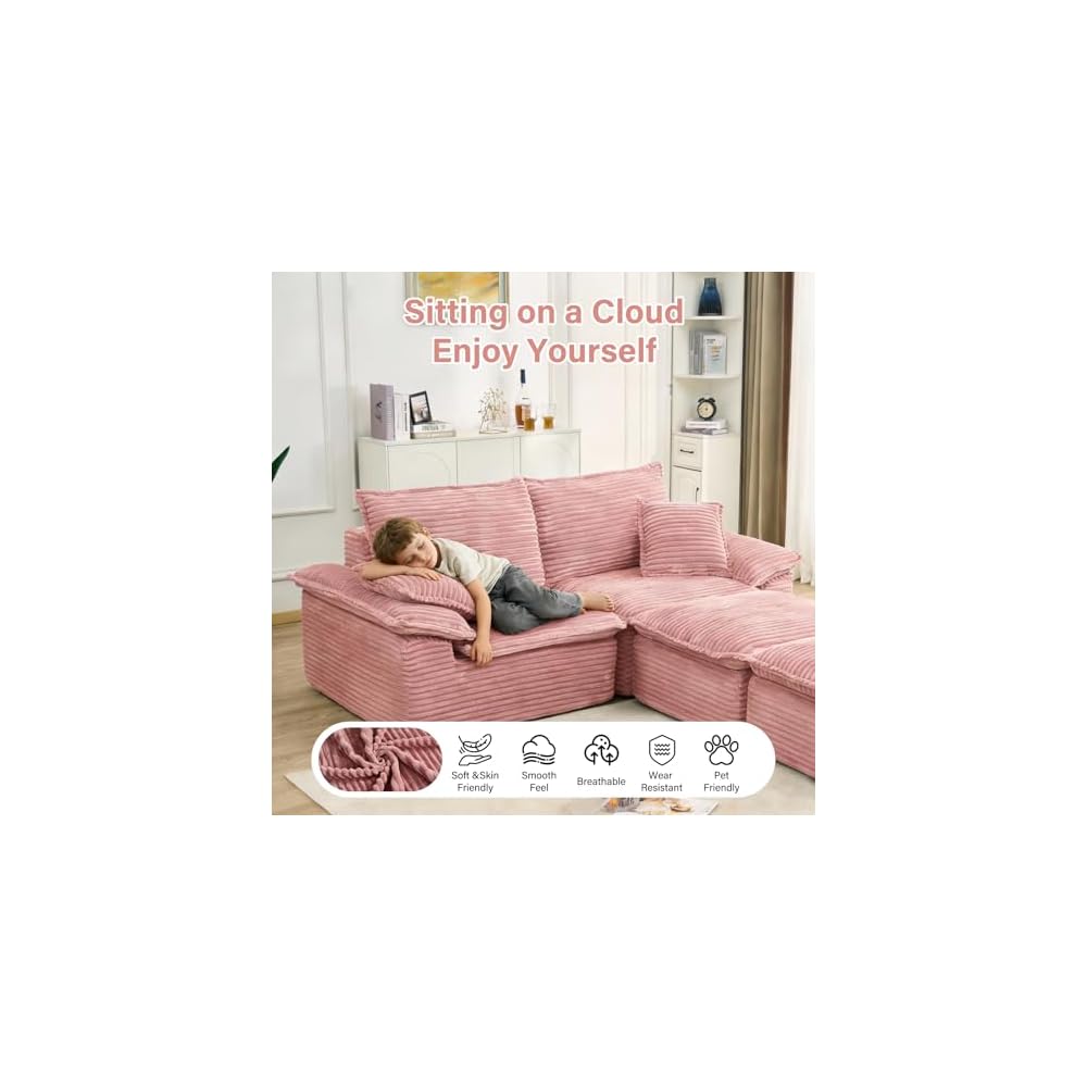 81" Boneless Loveseat with Removable Ottoman,Oversized Upholstered Sofa Bed with Pillows,Plush Faux Fur Lounge Reading Chairs with Armrests,Cloud Couches for Living Room,No Assembly (Pink)