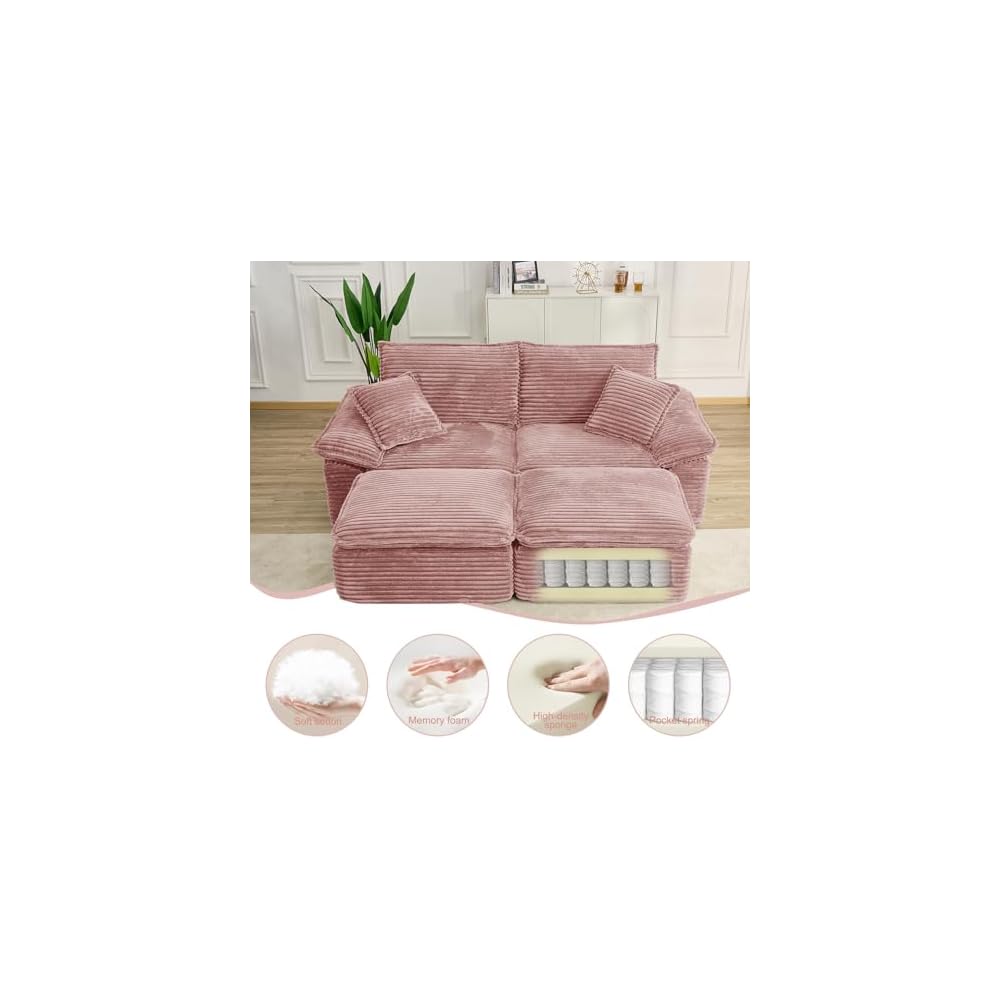 81" Boneless Loveseat with Removable Ottoman,Oversized Upholstered Sofa Bed with Pillows,Plush Faux Fur Lounge Reading Chairs with Armrests,Cloud Couches for Living Room,No Assembly (Pink)