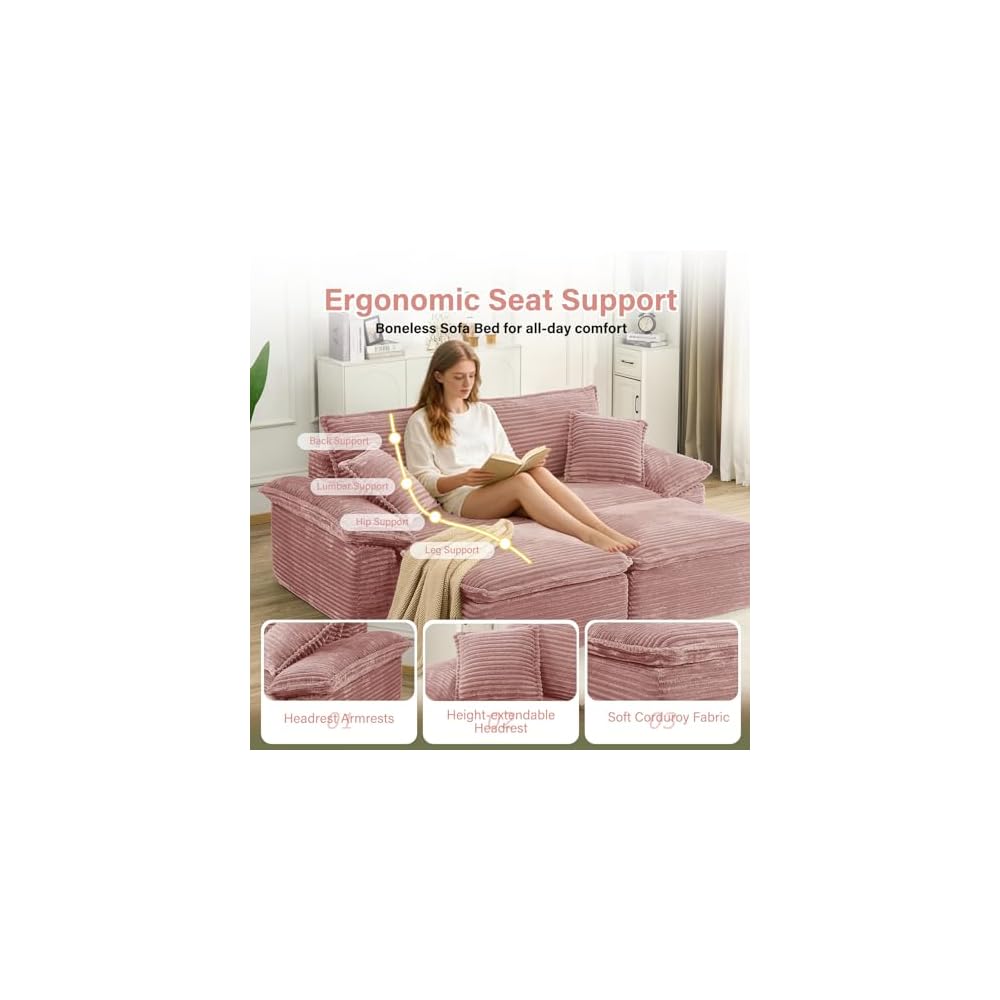 81" Boneless Loveseat with Removable Ottoman,Oversized Upholstered Sofa Bed with Pillows,Plush Faux Fur Lounge Reading Chairs with Armrests,Cloud Couches for Living Room,No Assembly (Pink)