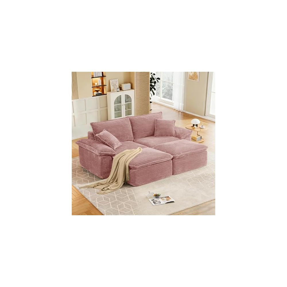 81" Boneless Loveseat with Removable Ottoman,Oversized Upholstered Sofa Bed with Pillows,Plush Faux Fur Lounge Reading Chairs with Armrests,Cloud Couches for Living Room,No Assembly (Pink)