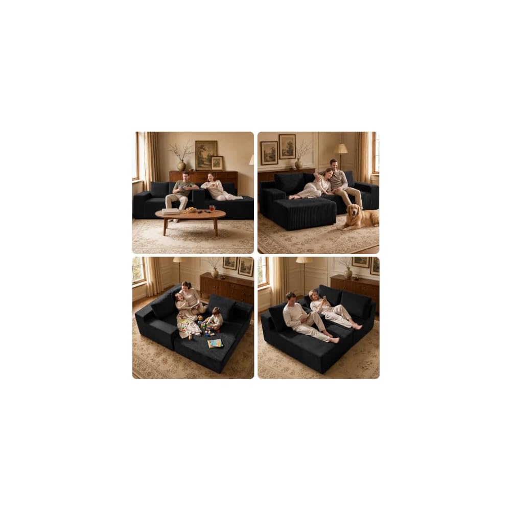 L Shaped Cloud Boneless Sectional Sofa, Corduroy Modular Sectional Couches for Living Room, Memory Foam Compressed Sofa with Chaise Lounge, Black, Left Facing Chaise