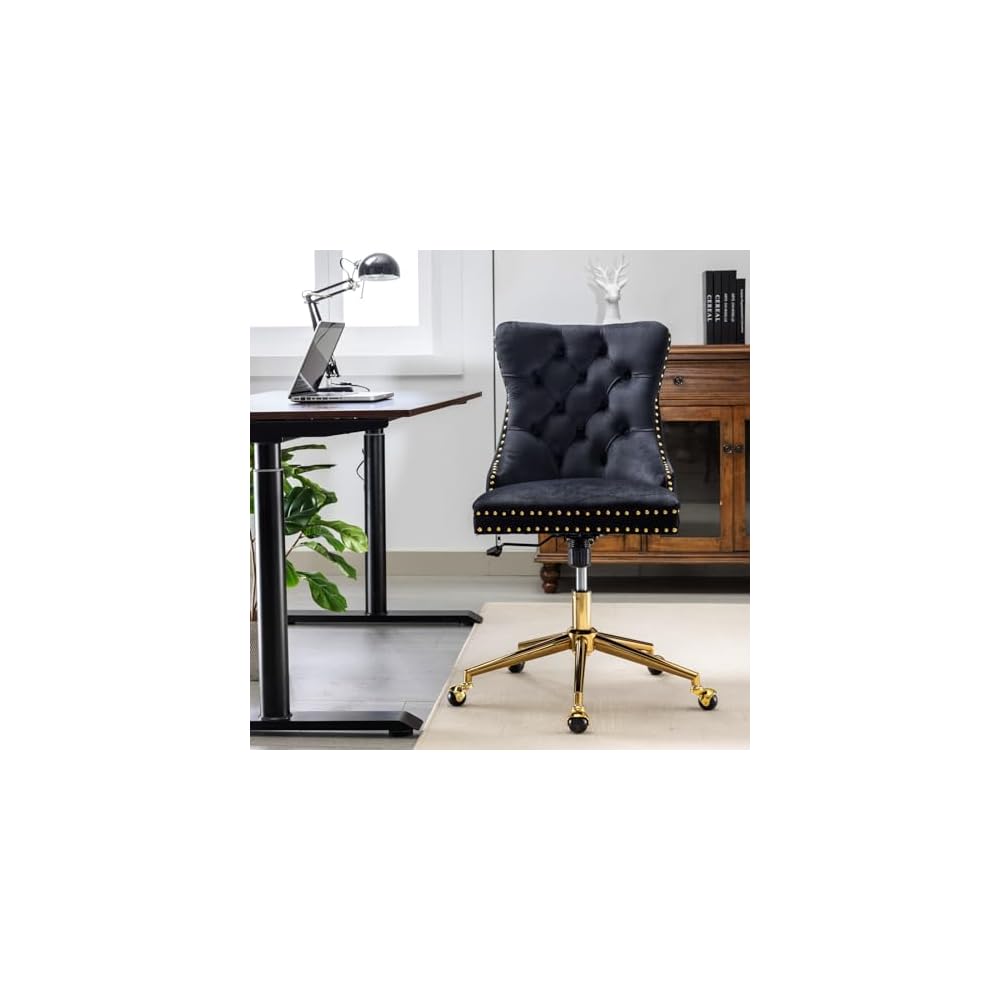 Velvet Upholstered Tufted Button Home Office Chair with Golden Metal Base,Adjustable Desk Chair Swivel Office Chair (Black) AY894