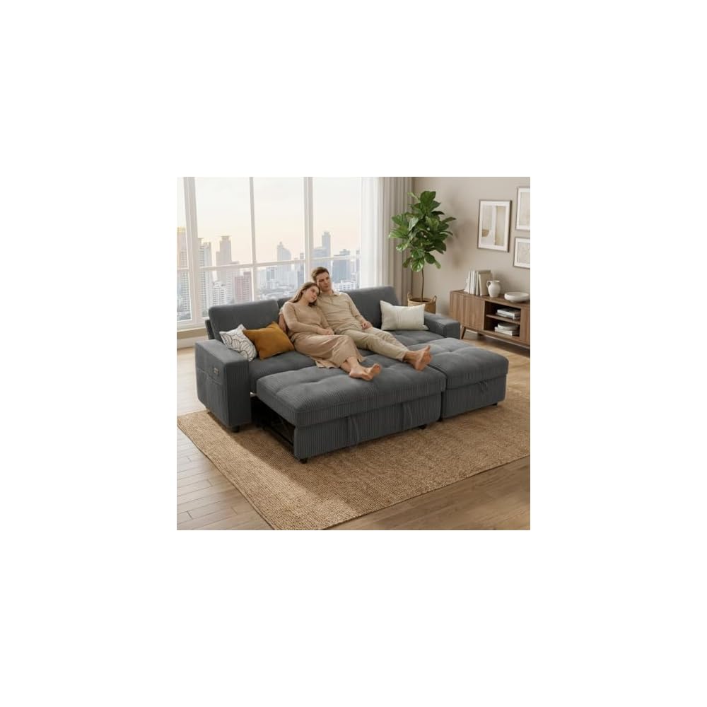 WEUP 81" Sectional Sofa with Pull Out Bed, L Shaped 3 Seat Sleeper Sofa with Storage, Adjustable Backrest, USB Ports, Tool-Free Assembly, Plush Corduroy Sectional Couches for Living Room, Dark Grey