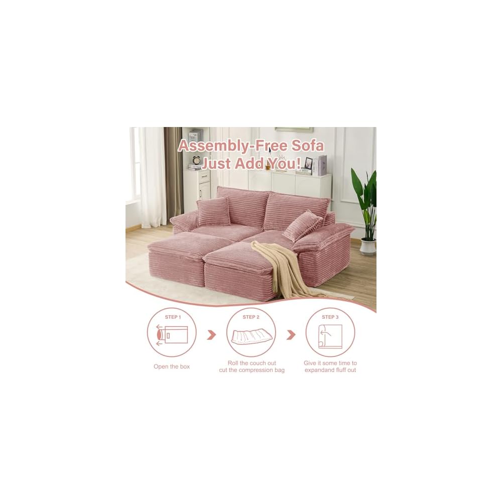 81" Boneless Loveseat with Removable Ottoman,Oversized Upholstered Sofa Bed with Pillows,Plush Faux Fur Lounge Reading Chairs with Armrests,Cloud Couches for Living Room,No Assembly (Pink)