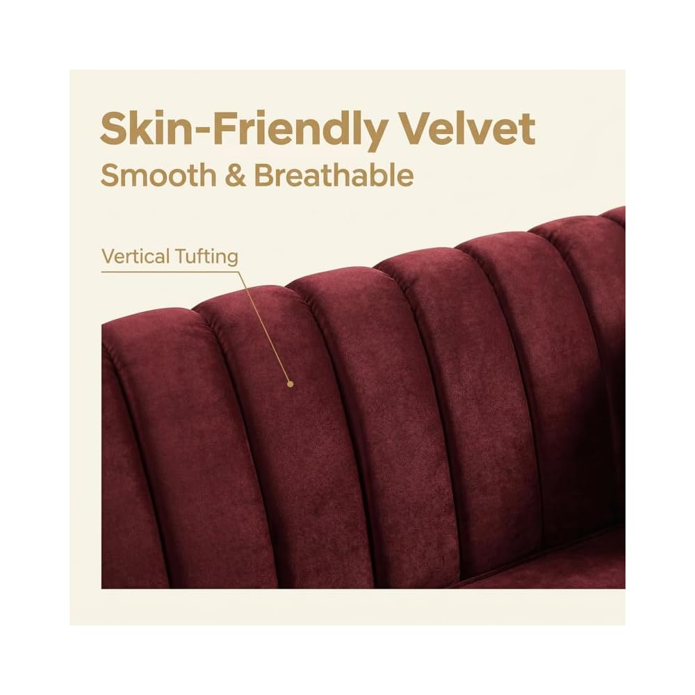 Velvet 3-Seater Sofa with Tufted Back & Nailhead Trim, Modern Vintage Couch with 2 Round Pillows, Luxury Comfy Upholstered Sofa for Living Room, Apartment, Office (Burgundy)