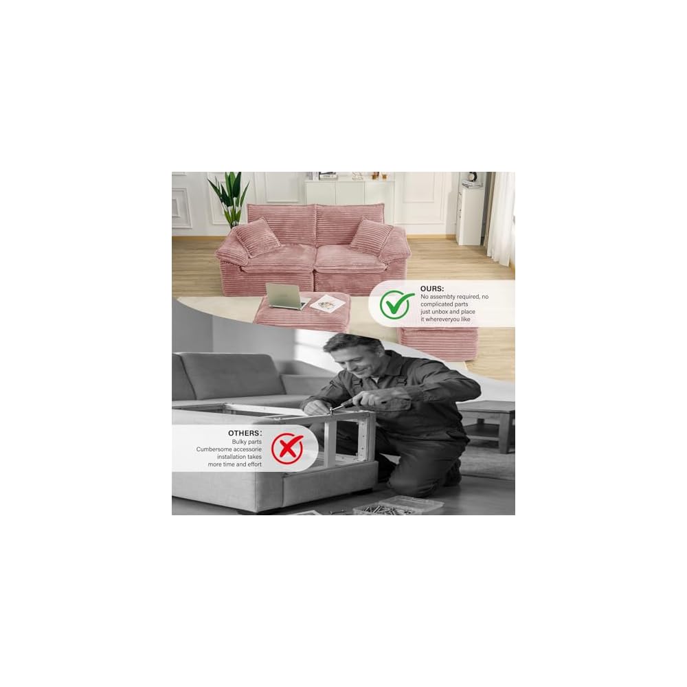 81" Boneless Loveseat with Removable Ottoman,Oversized Upholstered Sofa Bed with Pillows,Plush Faux Fur Lounge Reading Chairs with Armrests,Cloud Couches for Living Room,No Assembly (Pink)