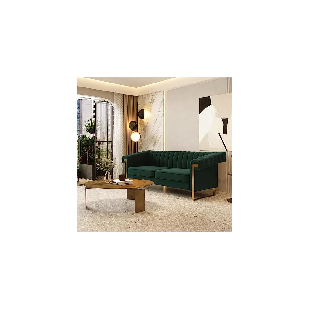 Mid-Century Modern Green Velvet Sofa with Gold Metal Legs, 83.86" Luxury Chesterfield Comfy Couches for Living Room (Velvet, Green)
