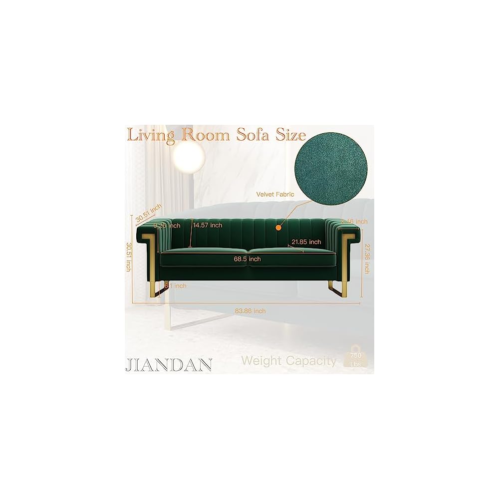Mid-Century Modern Green Velvet Sofa with Gold Metal Legs, 83.86" Luxury Chesterfield Comfy Couches for Living Room (Velvet, Green)