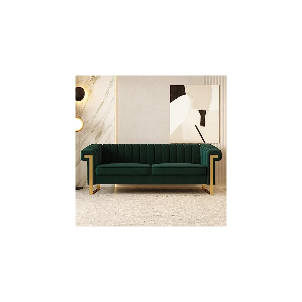 Mid-Century Modern Green Velvet Sofa with Gold Metal Legs, 83.86" Luxury Chesterfield Comfy Couches for Living Room (Velvet, Green)