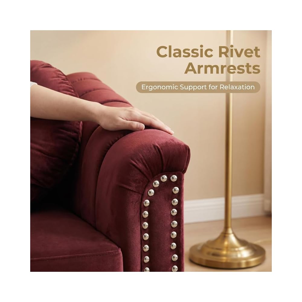 Velvet 3-Seater Sofa with Tufted Back & Nailhead Trim, Modern Vintage Couch with 2 Round Pillows, Luxury Comfy Upholstered Sofa for Living Room, Apartment, Office (Burgundy)