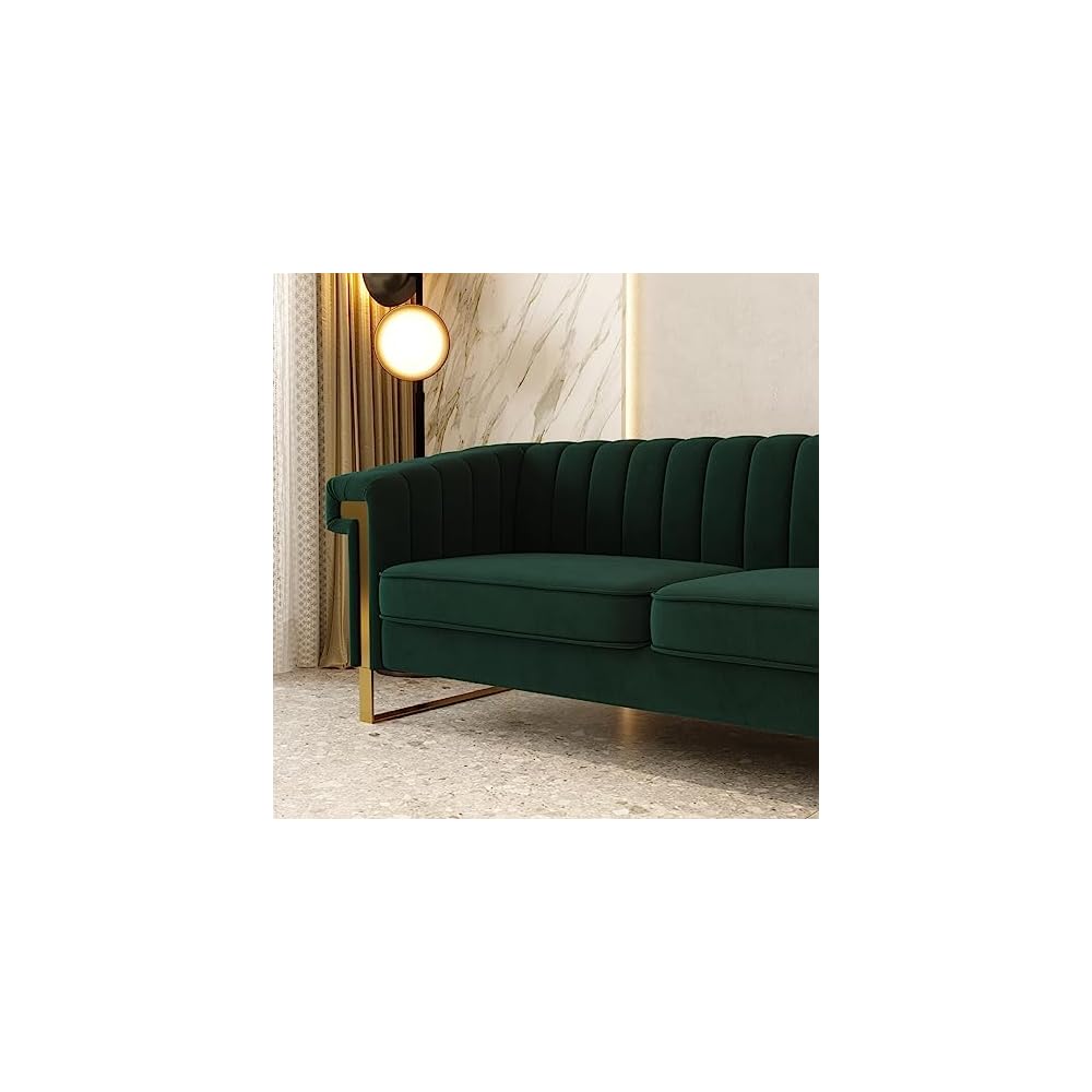 Mid-Century Modern Green Velvet Sofa with Gold Metal Legs, 83.86" Luxury Chesterfield Comfy Couches for Living Room (Velvet, Green)