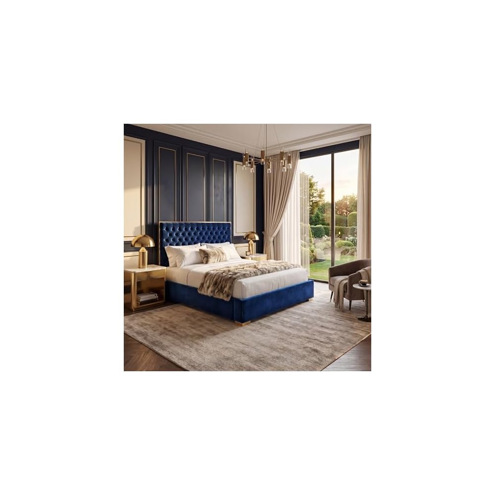 SAFAVIEH Couture Collection Chester Navy Tufted Velvet Queen Size Bed