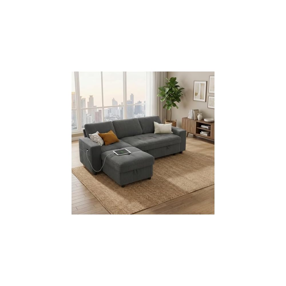 WEUP 81" Sectional Sofa with Pull Out Bed, L Shaped 3 Seat Sleeper Sofa with Storage, Adjustable Backrest, USB Ports, Tool-Free Assembly, Plush Corduroy Sectional Couches for Living Room, Dark Grey