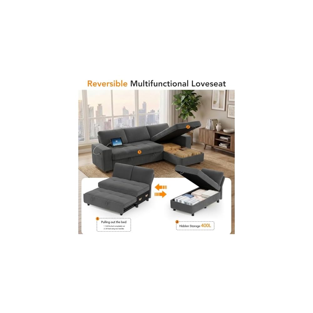 WEUP 81" Sectional Sofa with Pull Out Bed, L Shaped 3 Seat Sleeper Sofa with Storage, Adjustable Backrest, USB Ports, Tool-Free Assembly, Plush Corduroy Sectional Couches for Living Room, Dark Grey