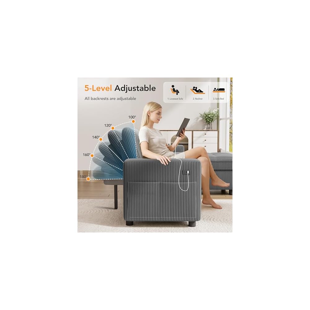 WEUP 81" Sectional Sofa with Pull Out Bed, L Shaped 3 Seat Sleeper Sofa with Storage, Adjustable Backrest, USB Ports, Tool-Free Assembly, Plush Corduroy Sectional Couches for Living Room, Dark Grey