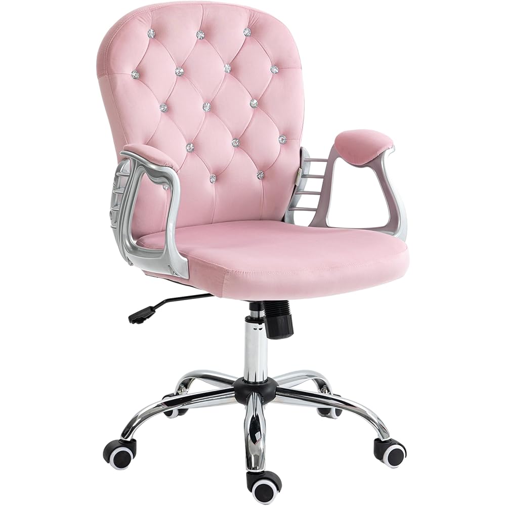Home Office Chair, Button Tufted Desk Chair with Padded Armrests, AdjusHeight and Swivel Wheels, Pink