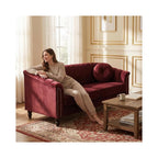Velvet 3-Seater Sofa with Tufted Back & Nailhead Trim, Modern Vintage Couch with 2 Round Pillows, Luxury Comfy Upholstered Sofa for Living Room, Apartment, Office (Burgundy)