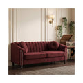 Velvet 3-Seater Sofa with Tufted Back & Nailhead Trim, Modern Vintage Couch with 2 Round Pillows, Luxury Comfy Upholstered Sofa for Living Room, Apartment, Office (Burgundy)