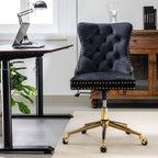 Velvet Upholstered Tufted Button Home Office Chair with Golden Metal Base,Adjustable Desk Chair Swivel Office Chair (Black) AY894