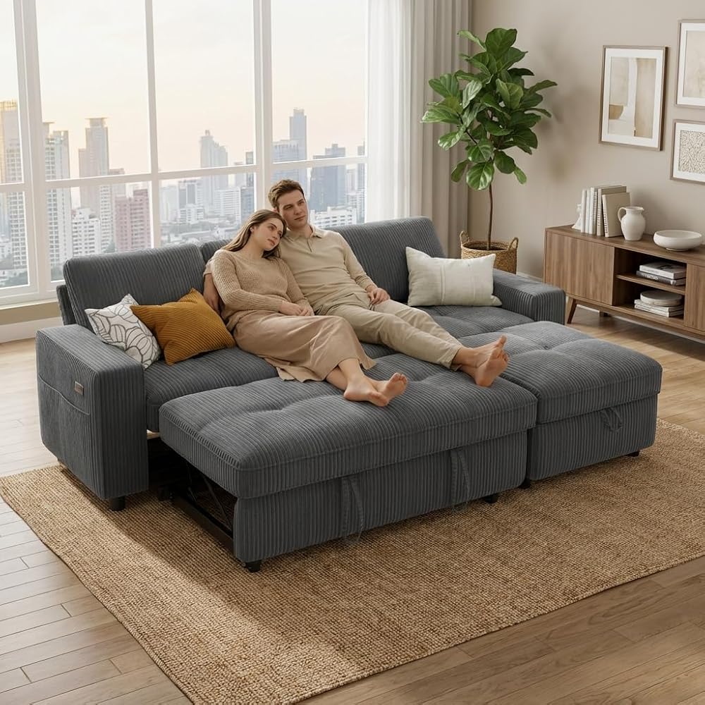 WEUP 81" Sectional Sofa with Pull Out Bed, L Shaped 3 Seat Sleeper Sofa with Storage, Adjustable Backrest, USB Ports, Tool-Free Assembly, Plush Corduroy Sectional Couches for Living Room, Dark Grey