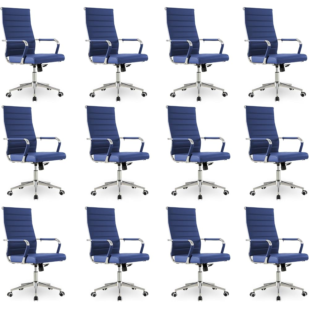Okeysen Office Desk Chair, Ergonomic Leather Modern Conference Room Chairs, Executive Ribbed Height Adjustable Swivel Rolling Chair for Home Office Set of 12. (Blue)