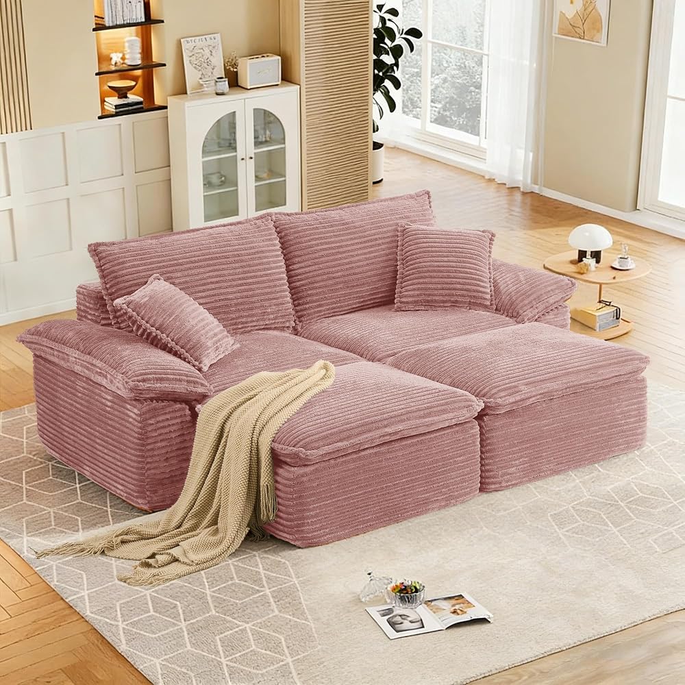 81" Boneless Loveseat with Removable Ottoman,Oversized Upholstered Sofa Bed with Pillows,Plush Faux Fur Lounge Reading Chairs with Armrests,Cloud Couches for Living Room,No Assembly (Pink)