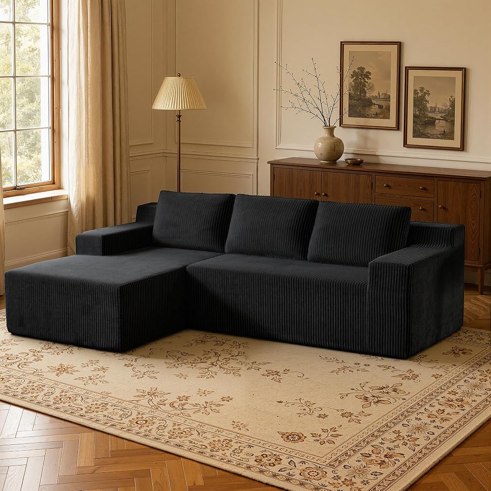 L Shaped Cloud Boneless Sectional Sofa, Corduroy Modular Sectional Couches for Living Room, Memory Foam Compressed Sofa with Chaise Lounge, Black, Left Facing Chaise